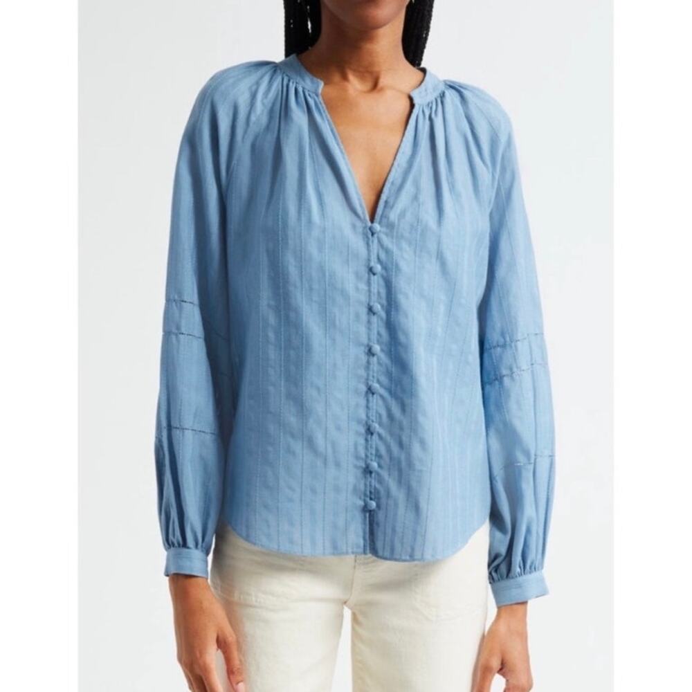 Veronica Beard Ailani Blouse Top Button Front Women Sz 6 Medium Blue Cotton Silk